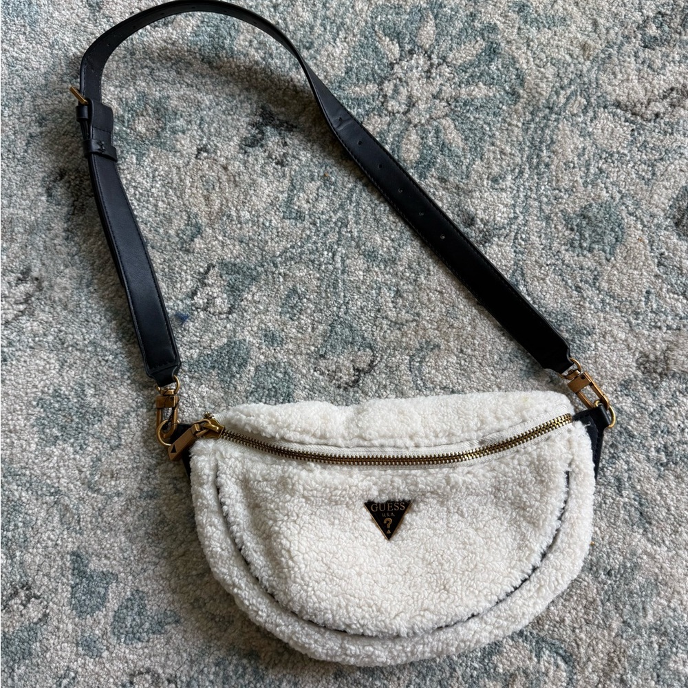 Guess White Sherpa Crossbody Belt Bag with Black Strap